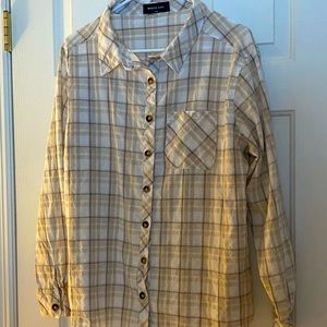 White Fox oversized plaid button up shirt.